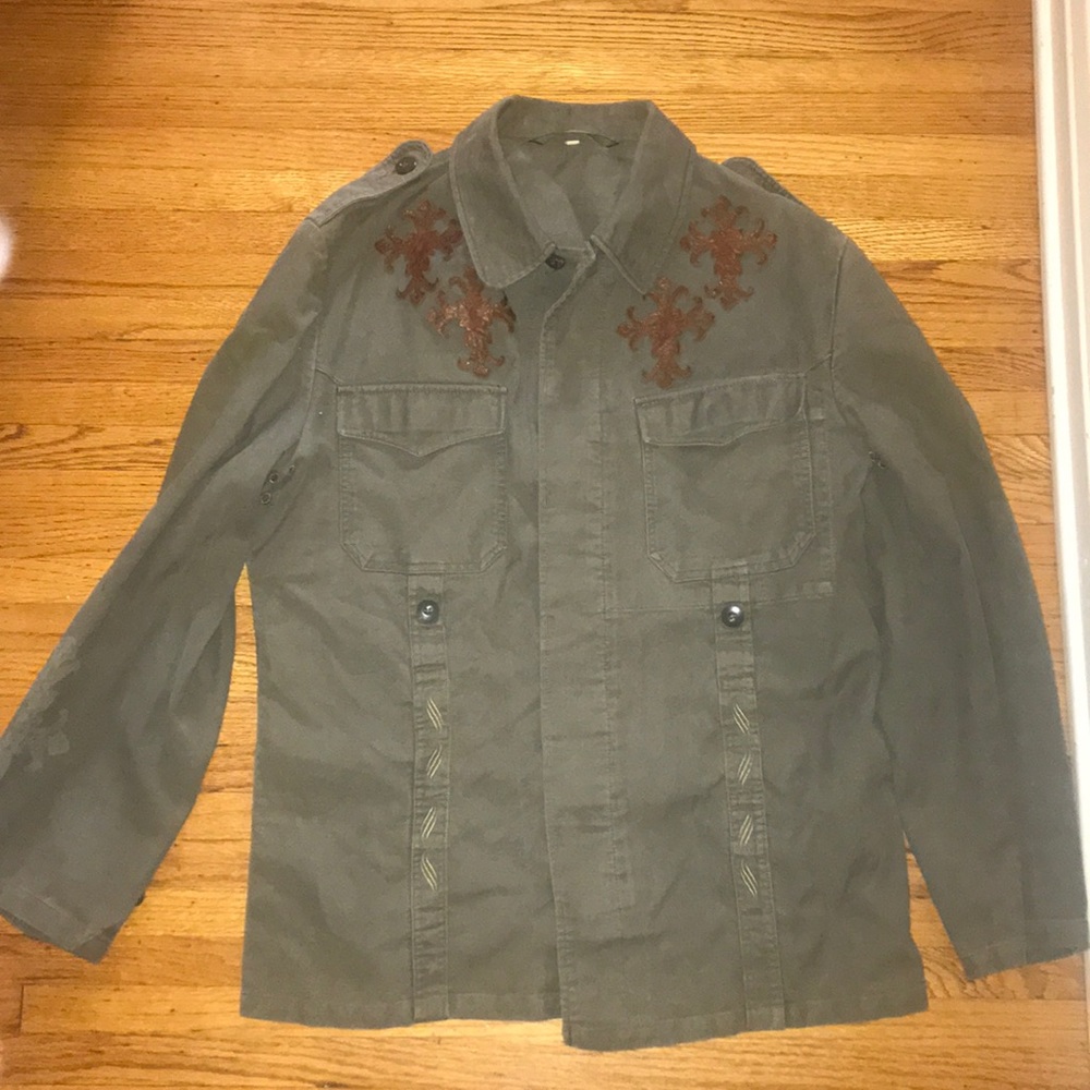 Vintage army jacket with leather patch/embroidery